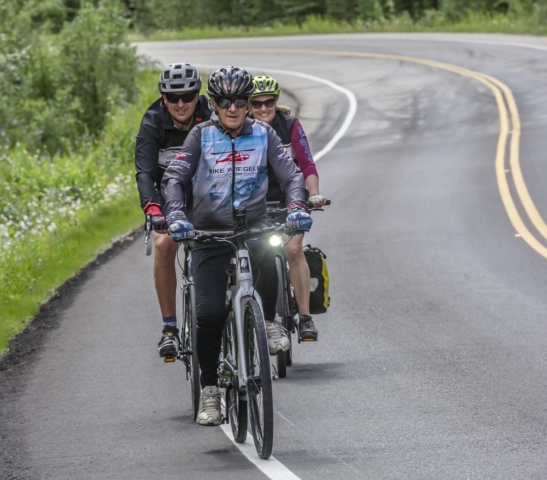 Mike Wiegele and Elias Ortner biking from Banff to Blue River training for season #50.