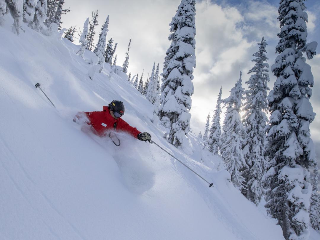 Heli-ski guide Bob Rankin skiing during Guide Training at Mike Wiegele heliskiing resort.